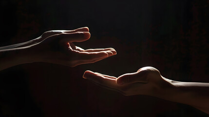 Give two hands with nothing on both on dark background with copy space Closeup receiving gesture of outstretched cupped empty open hands Concept of giving donation receiving asking and : Generative AI