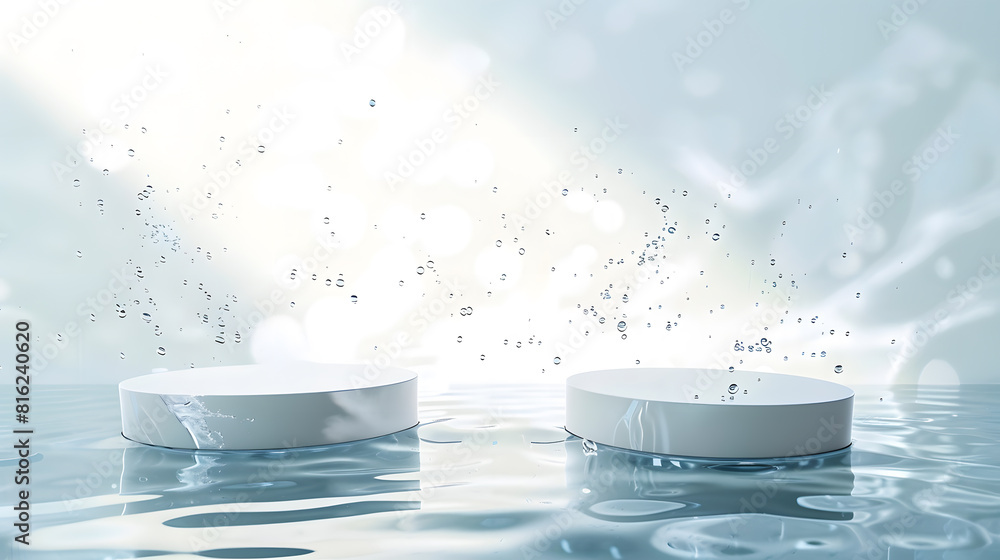 Leinwandbilder two empty clear white circle podiums on transparent calm water texture with splashes and waves in su