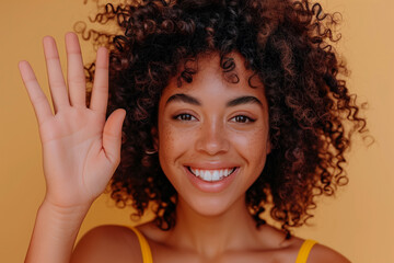 medium body of a latin woman with curly hair,high five  very happy, smiling, on beige isolated backgound, studio light, soft light, pro contrast color grading, dodge burn effec