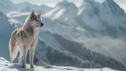 Obraz premium Portrait of a Husky dog on top of mountain in outdoor park in winter