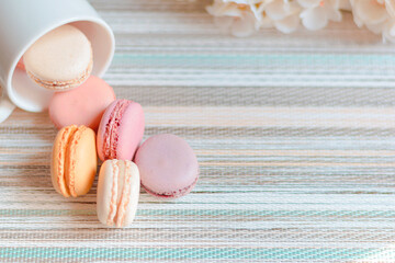 Macaron, typical French sweet, homemade macaron in different flavors and colors.