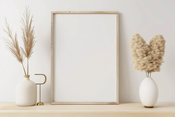 Empty square frame mockup in warm neutral minimalist interior with dried pampas grass trendy vase and brass desk lamp on wooden beige brown shelf on white wall background. Illustration 3d rendering - Powered by Adobe