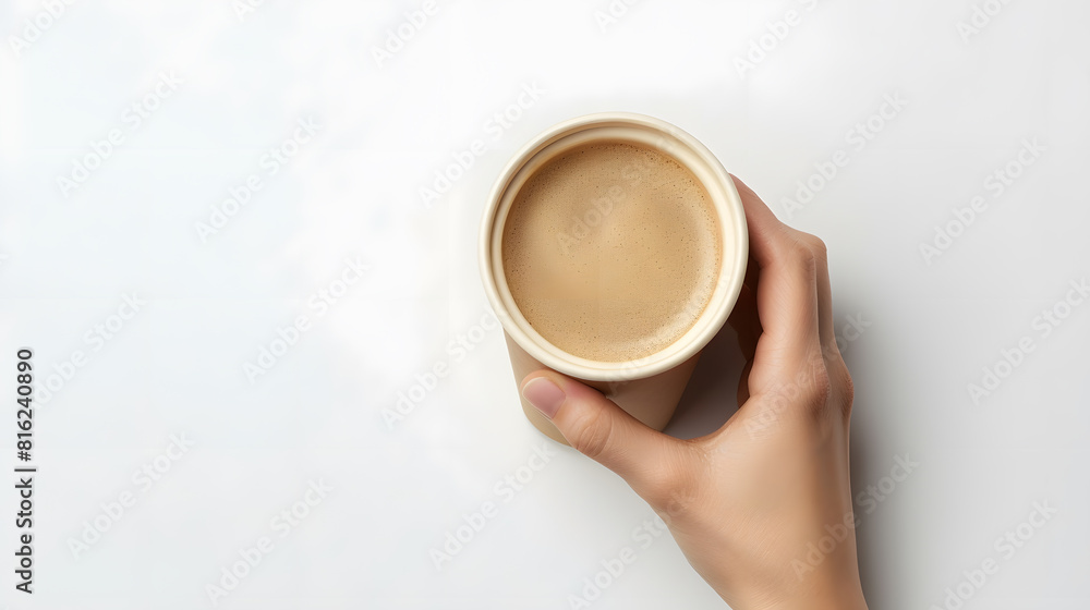 Poster female hand holding empty coffee cup isolated on white background with clipping path top view flat l
