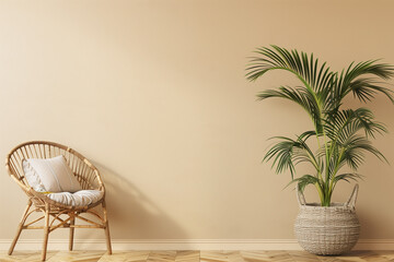 Empty wall mockup in warm neutral beige room interior with wicker armchair palm plant in woven basket boho style decoration and free space. Illustration 3d rendering