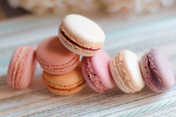 Macaron, typical French sweet, homemade macaron in different flavors and colors.