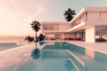 Exterior of amazing modern minimalist cubic villa with large swimming pool among palm trees. Created with generative Ai