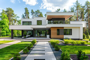 Fototapeta na wymiar Exterior of modern luxury minimalist cubic private house villa in forest. White walls decorated with timber wood cladding. Paved walkway in beautiful landscape design front yard.
