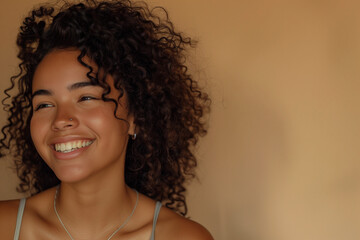 medium body of a latin woman with curly hair, very happy, smiling, on beige isolated backgound, studio light, soft light, pro contrast color grading, dodge burn effec