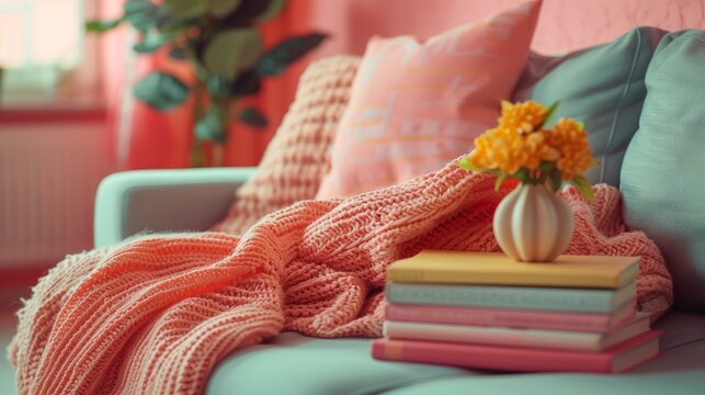 cozy blanket, self-help books on a couch, mental wellness theme against a pastel backdrop inviting and relaxing setting