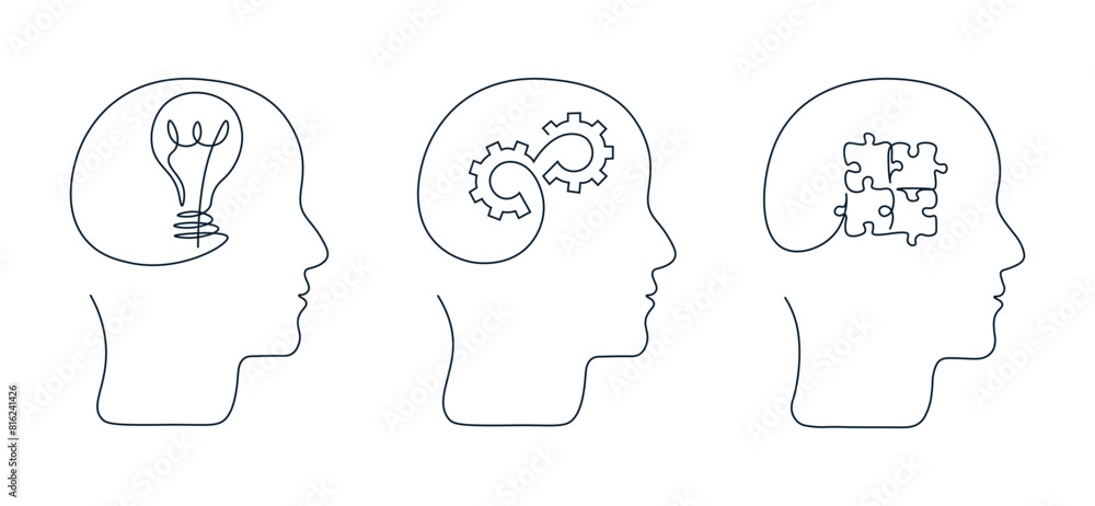 Wall mural drawing human head with gears inside in one line. silhouette man head with light bulb symbol. concep