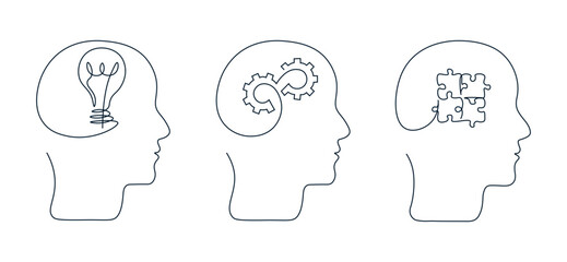 Drawing human head with gears inside in one line. Silhouette man head with light bulb symbol. Concept of mental health. Puzzle in human head. Business concept in single continuous line. Set.