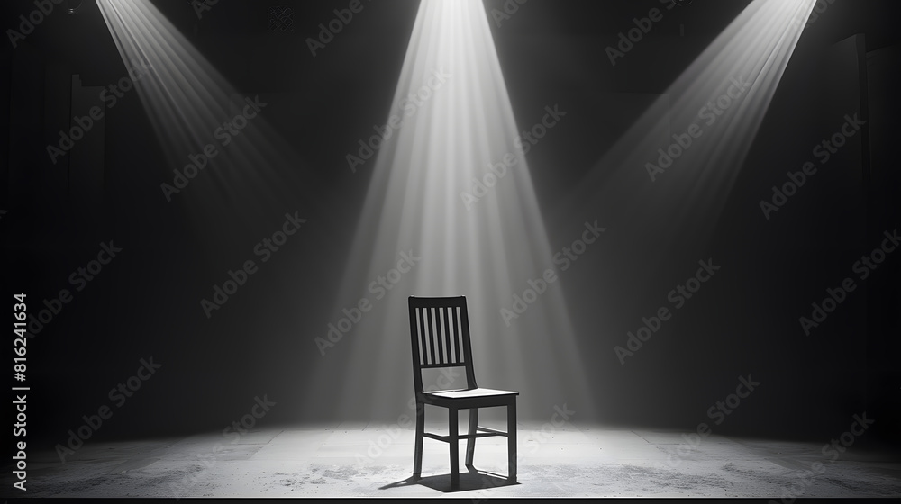 Aufkleber A wooden chair standing in the middle of an empty stage under the light of soffits in black and white : Generative AI