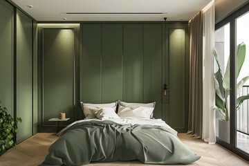 Green wardrobe in minimalist style interior design of modern bedroom.