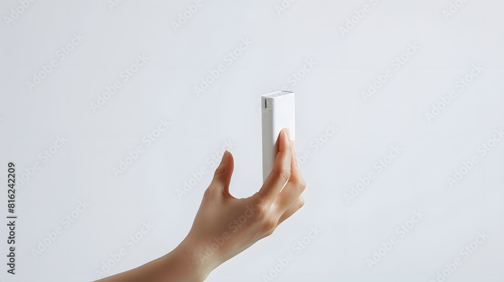 Poster a hand holding something like a bottle or smartphone on white backgrounds isolated : generative ai