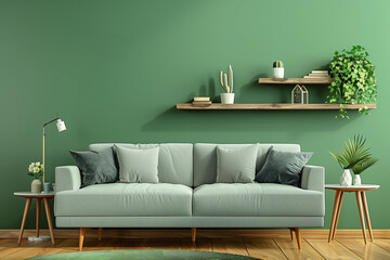 Grey sofa against green wall with floating shelf. Scandinavian home interior design of modern living room.