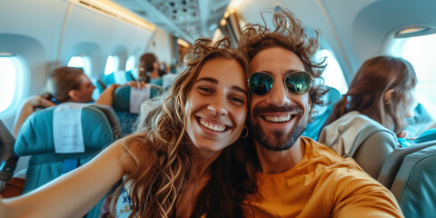 
Happy tourist taking selfie inside airplane. Cheerful couple on summer vacation. Passengers boarding on plane.