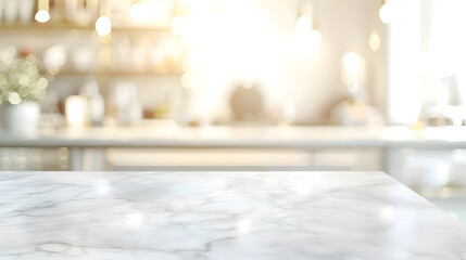 Empty white table top counter desk background over blur perspective bokeh light background White marble stone table shelf and blurred kitchen restaurant for food product display mockup : Generative AI