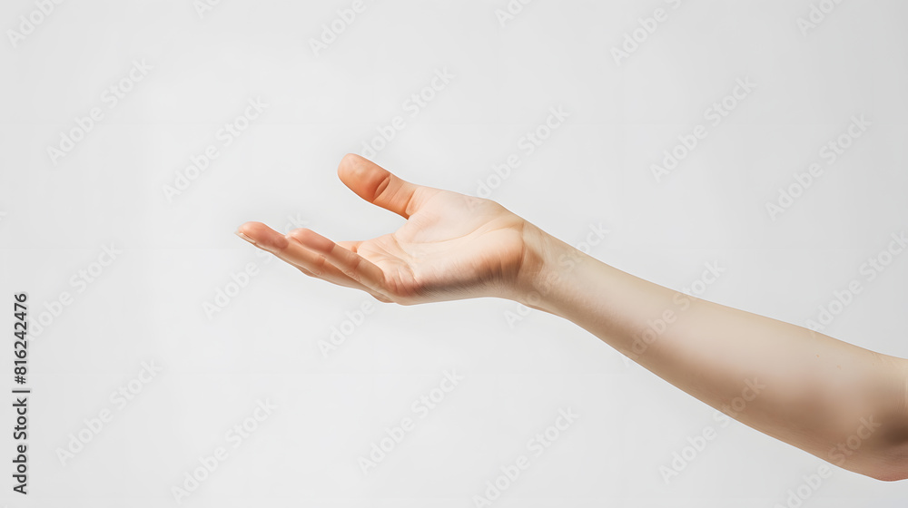 Aufkleber Female hand with palm facing up on white background Gesture empty hand : Generative AI