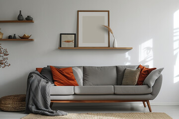 Grey sofa with terra cotta pillow and knitted plaid against white wall with poster frame and shelf. Scandinavian hygge interior design of modern living room home.