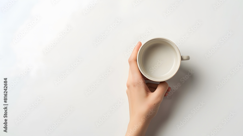 Poster female hand holding empty coffee cup isolated on white background with clipping path top view flat l