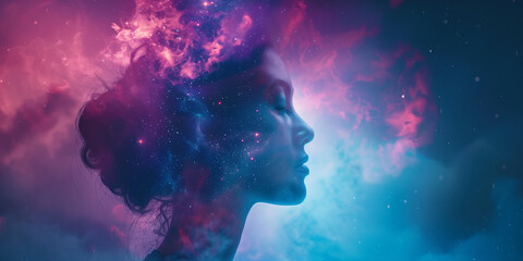 Double exposure photo of a woman looking at night sky with stars and nebulas.