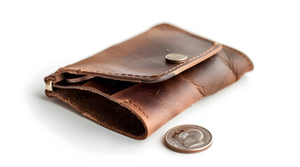 old leather empty wallet with a few coins isolate on white background concept of financial assets reliability deposits insurance savings : Generative AI