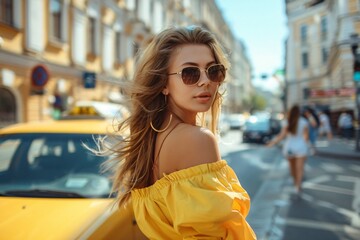 A beautiful woman calling Uber taxi in the city