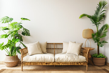 Home interior mock up with wicker rattan sofa beige pillows lamp and green plants in living room with empty white wall. 3D rendering.