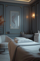 Fototapeta premium A cinematic representation of a skincare clinic, with patients enjoying rejuvenating treatments. Cozy bedroom in a building with two beds, a couch, and a sink