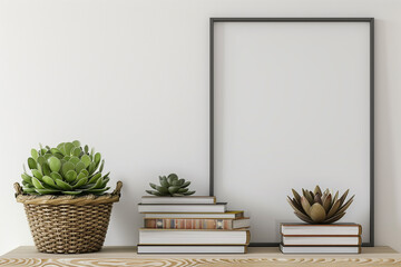 Home interior poster mock up with horizontal metal frame succulents in basket and pile of books on white wall background. 3D rendering.