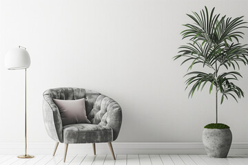 Home interior wall mock up with gray velvet armchair cushion hanging lamp and plant in vase on empty white background. 3D rendering.