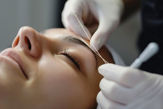 A person undergoing a facial threading procedure to lift sagging skin, promoting non-invasive anti-aging solutions. A happy woman smiles while getting her eyebrows waxed at a salon