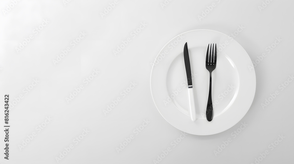 Poster White empty ceramic plate with fork and knife isolated on white background : Generative AI