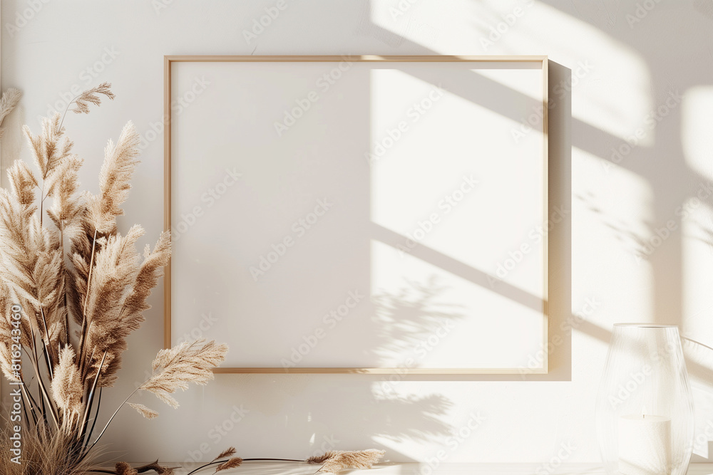 Wall mural horizontal frame mockup in boho style with dried grass decoration on empty beige wall background. 3d - Wall murals