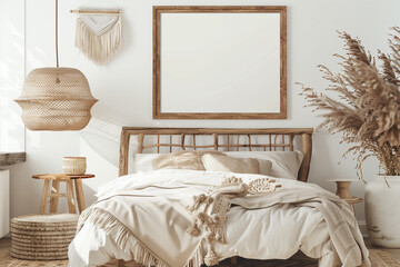 Horizontal frame mockup in boho bedroom interior with wooden bed beige fringed blanket cushion with tassels dried pampas grass basket and wicker lamp on white wall. 3d rendering 3d illustration