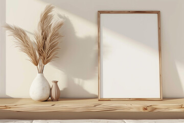 Horizontal frame mockup in warm neutral minimalist interior with dried pampas grass and trendy vase standing on wooden beige brown shelf on empty white wall  background. Illustration 3d rendering