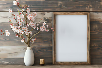 Horizontal interior mock up with empty wooden frame and blooming twig on wooden wall background. 3D rendering.