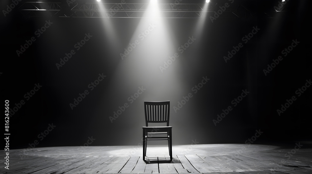 Poster A wooden chair standing in the middle of an empty stage under the light of soffits in black and white : Generative AI