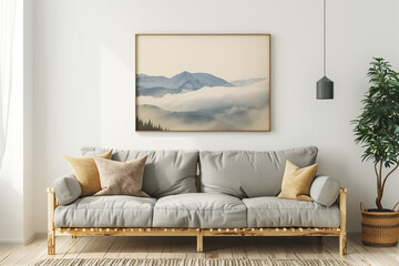 Horizontal interior poster mock-up with fabric sofa and pillows on  white wall background. 3D rendering.