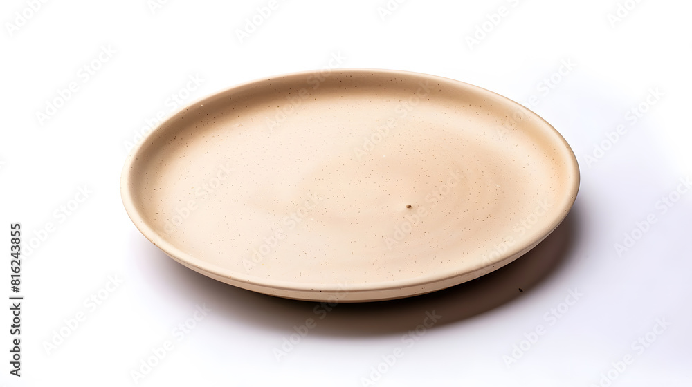 Poster Empty beige plate isolated on white  background Top view flat lay Textured object selective focus : Generative AI
