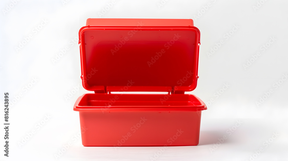 Poster Open empty small red plastic box isolated on white background : Generative AI