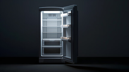 interior of refrigerator with the door open on black background with light in the upper area inside the refrigerator : Generative AI