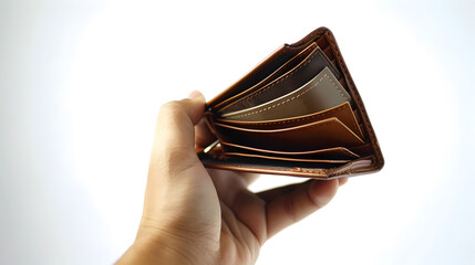Man hand open empty leather wallet on a white background Isolated clipping path included : Generative AI
