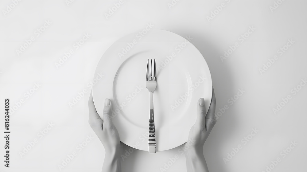 Poster Fork and knife in hands on white background with white empty plate : Generative AI