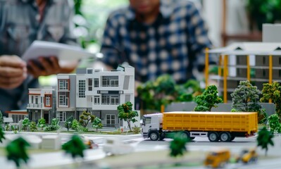 Obraz premium Close up real estate agent and customer discussing the loading contract of their new home, on table with miniature building model.