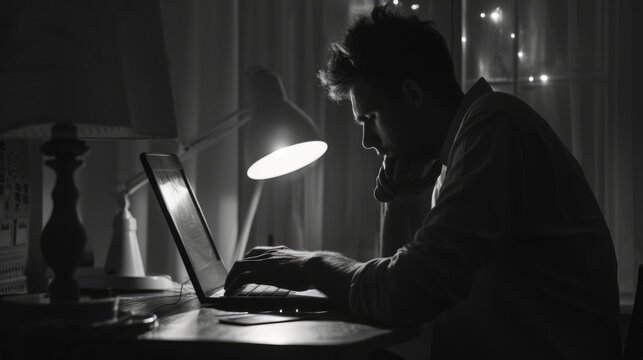 Attractive professional software developer coding program or engineering prompt. Skilled programmer typing computer and laptop while developing system with blurring background. Technology. AIG42.