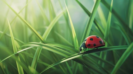 Fototapeta premium Close up of ladybug on a blade of grass