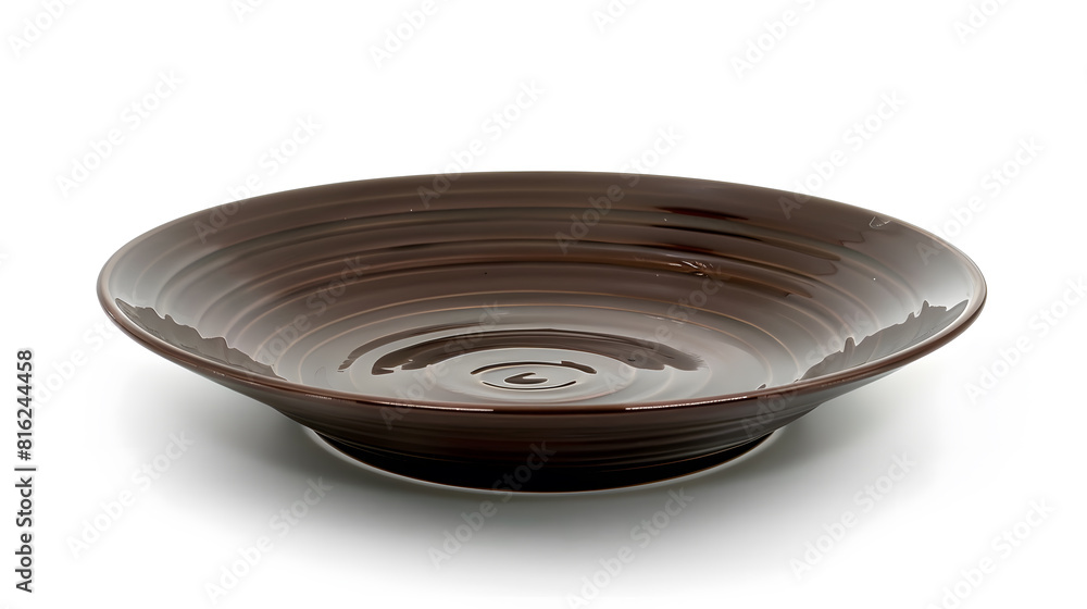 Poster empty plate top isolated on white background round brown rustic dish ceramic plates with wave patter