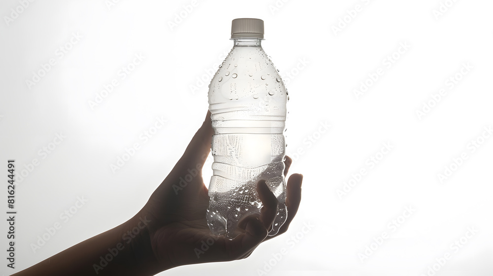 Leinwandbilder closeup of hand holding empty plastic bottle with condensation isolated on white background front vi
