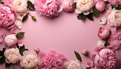 Frame made of beautiful peony flowers on pink background. Flat lay, copy space, summer flowers
